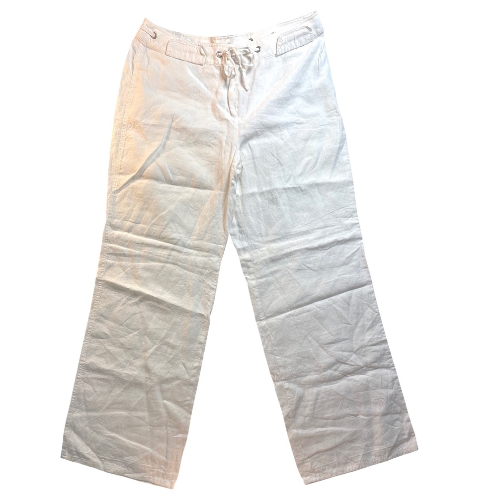 Alain Manoukian White 100% Linen Wide Leg Grommet Drawstring Pants Spain US 10